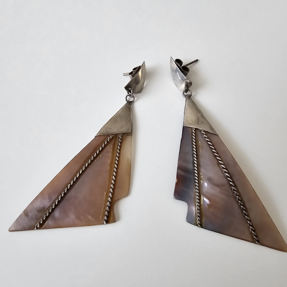 Vintage Southwestern Mother of Pearl Statement Earrings - Carved Geometric MOP - Picture 5 of 10